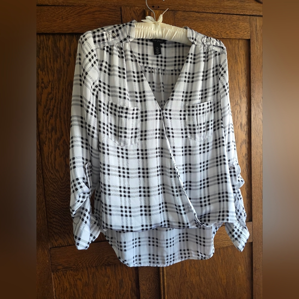 White House Black Market Plaid Wrap Blouse